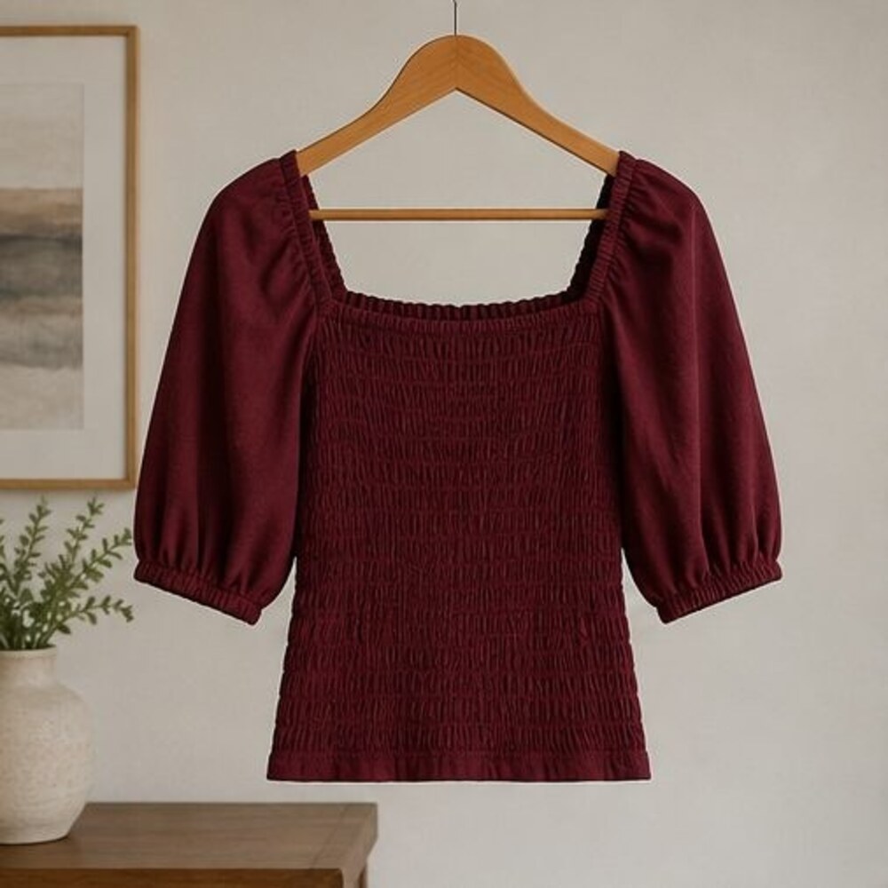 Burgundy Smocked Puff Sleeve Top